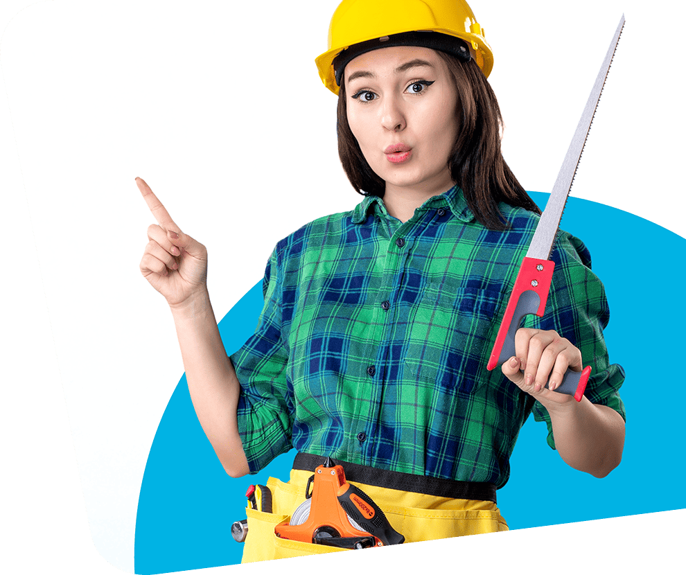 female builder holding little saw